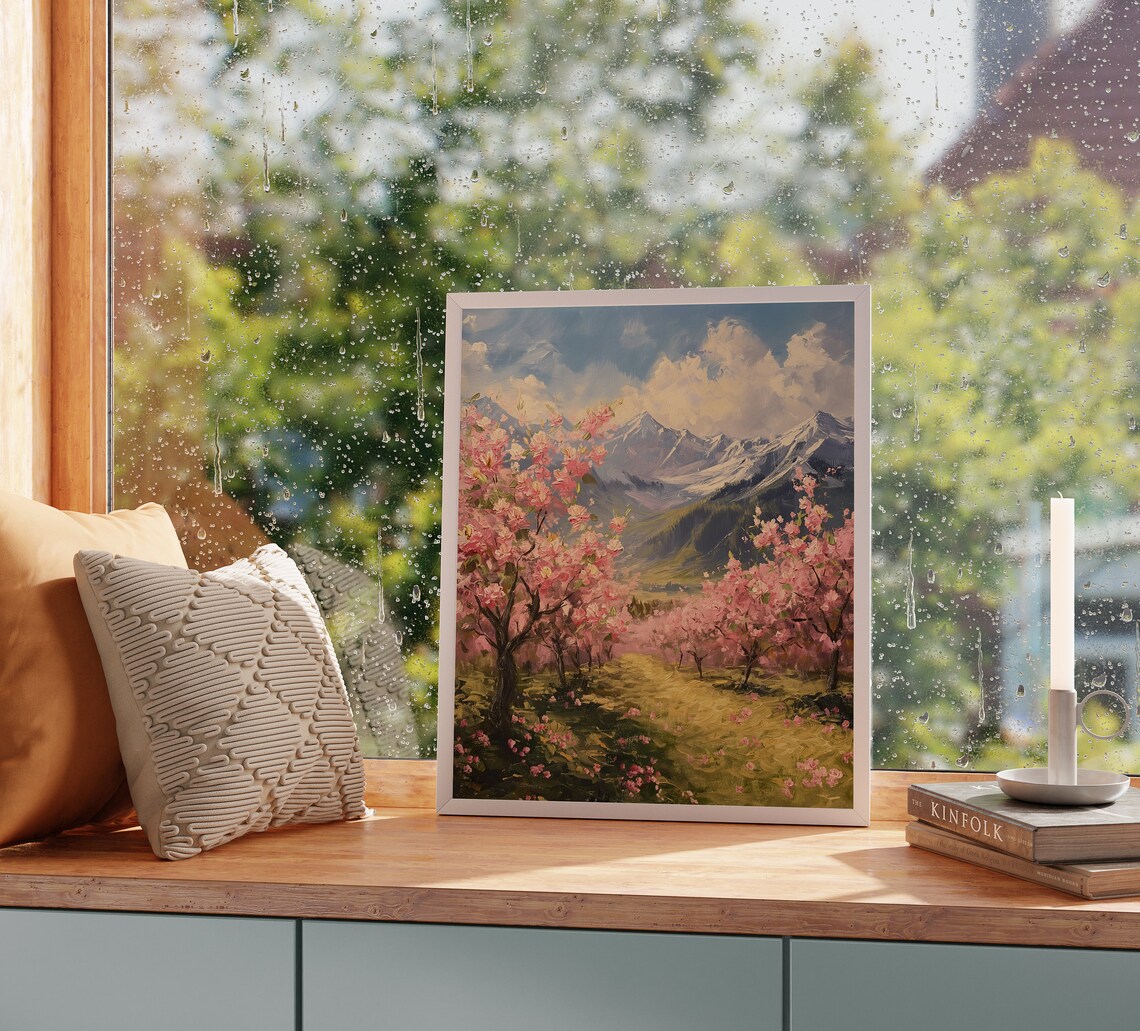 Pink Blossom Orchard Golden Meadow Spring Snowy Mountain Poster - Image 2
