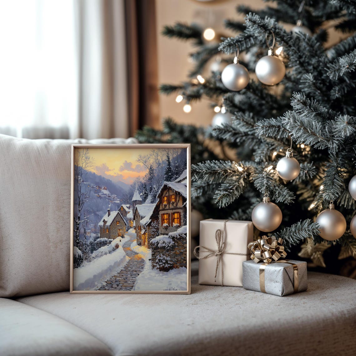 Alpine Winter Village at Dusk Snowy Cobblestone Street Poster - Image 5