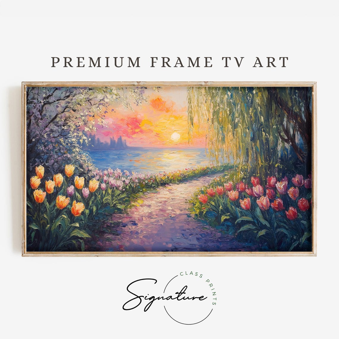 Tulip Garden Path To The Lake At Sunset With Willow Spring Art Poster