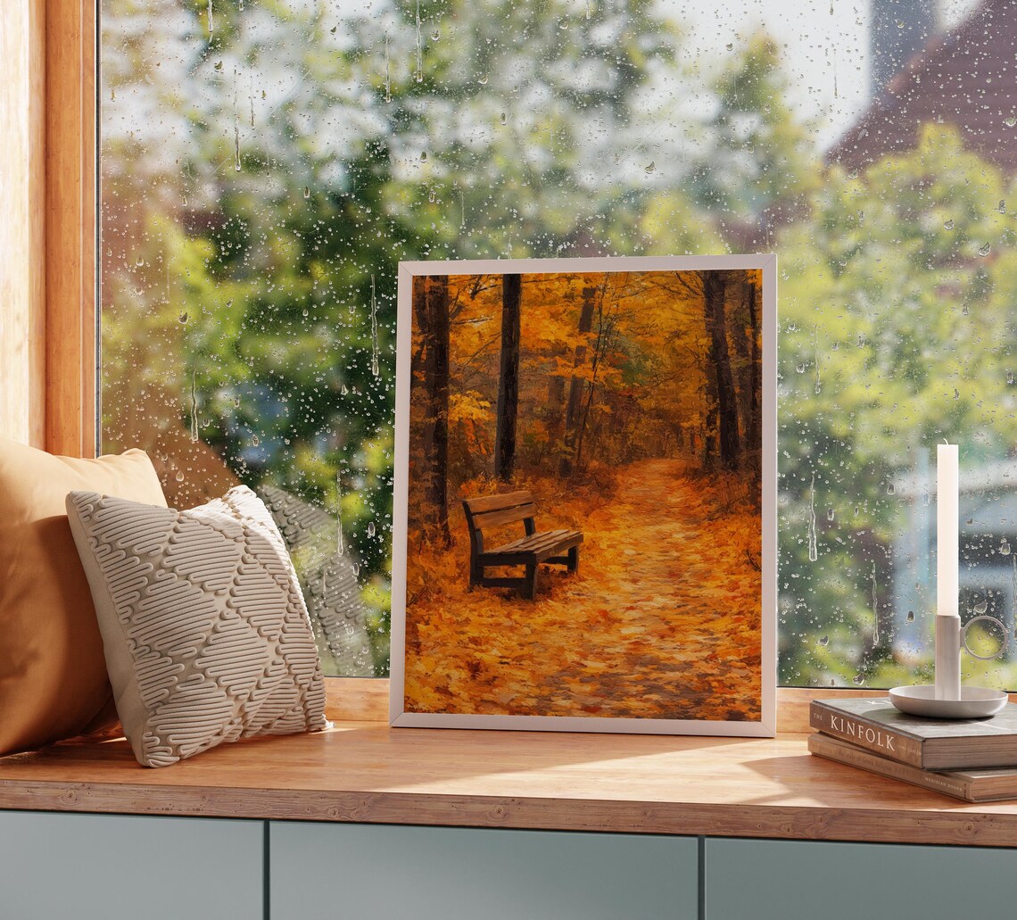 Wooden Bench on a Quiet Autumn Forest Trail Covered in Leaves Poster - Image 2