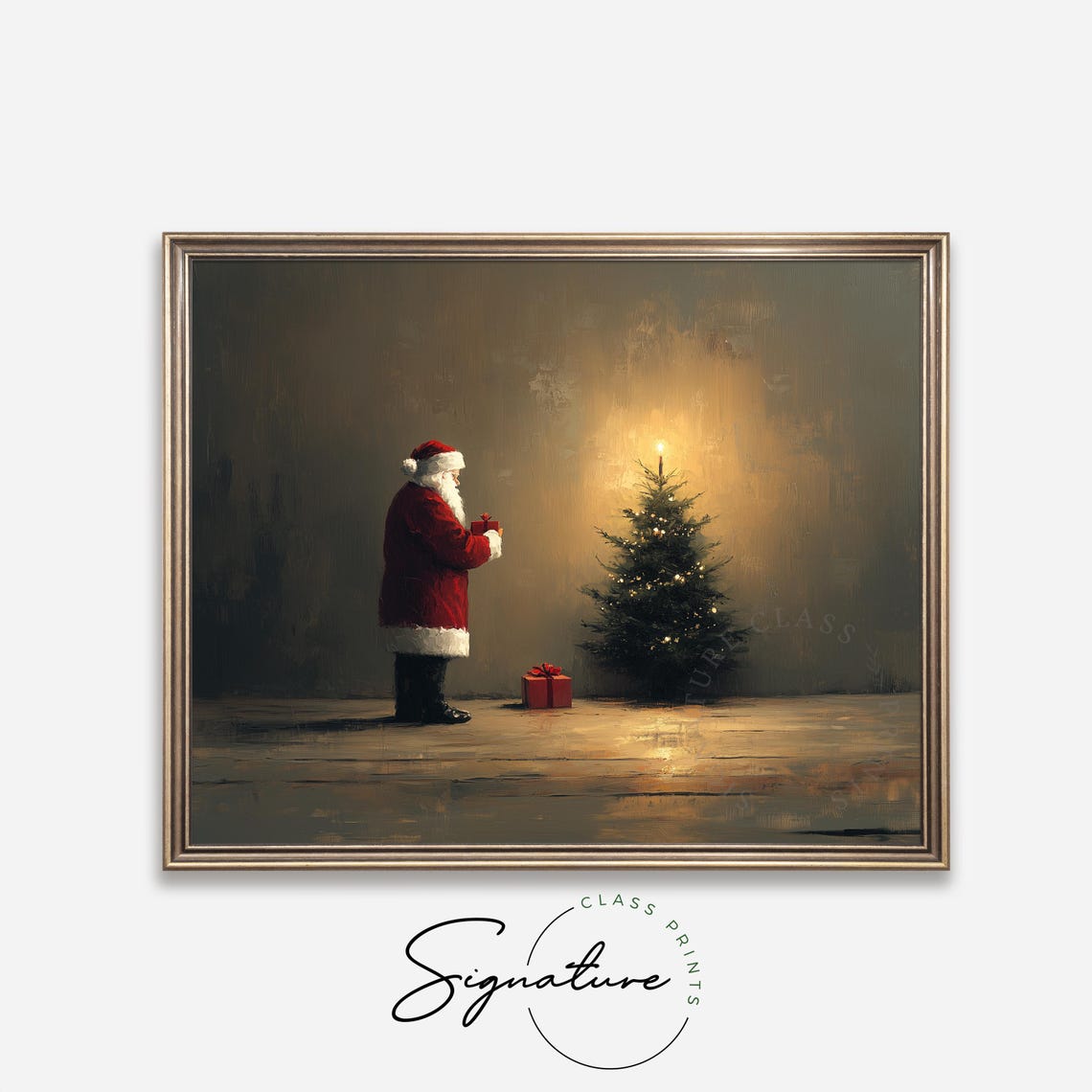 Santa Claus With Gift Beside Small Lit Christmas Tree Vintage Poster - Image 4