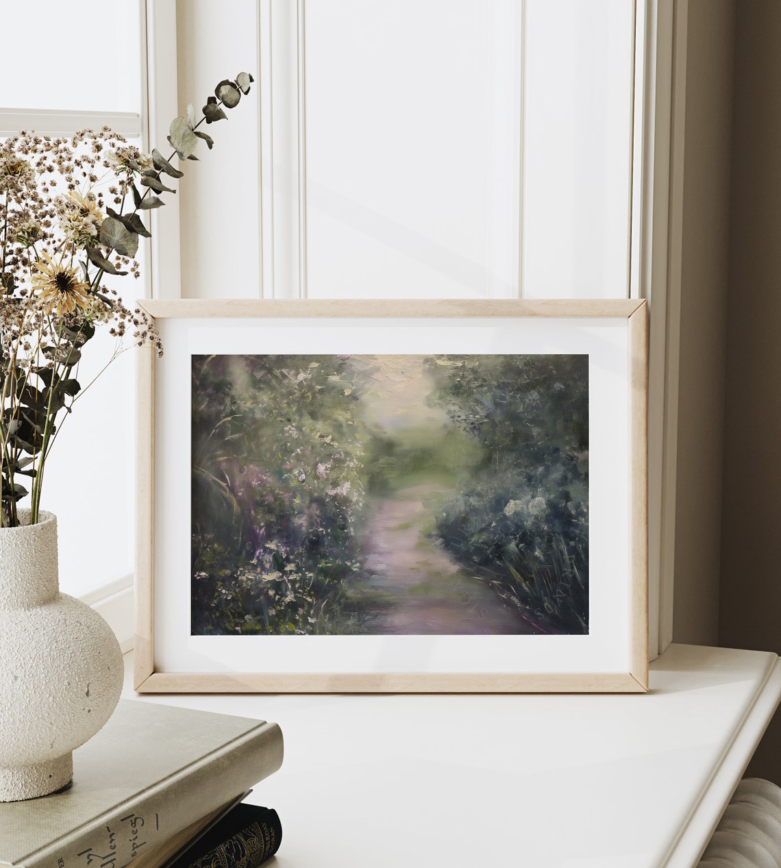 Moody Garden Path with Pink Blossoms Hazy Impressionist Poster - Image 6