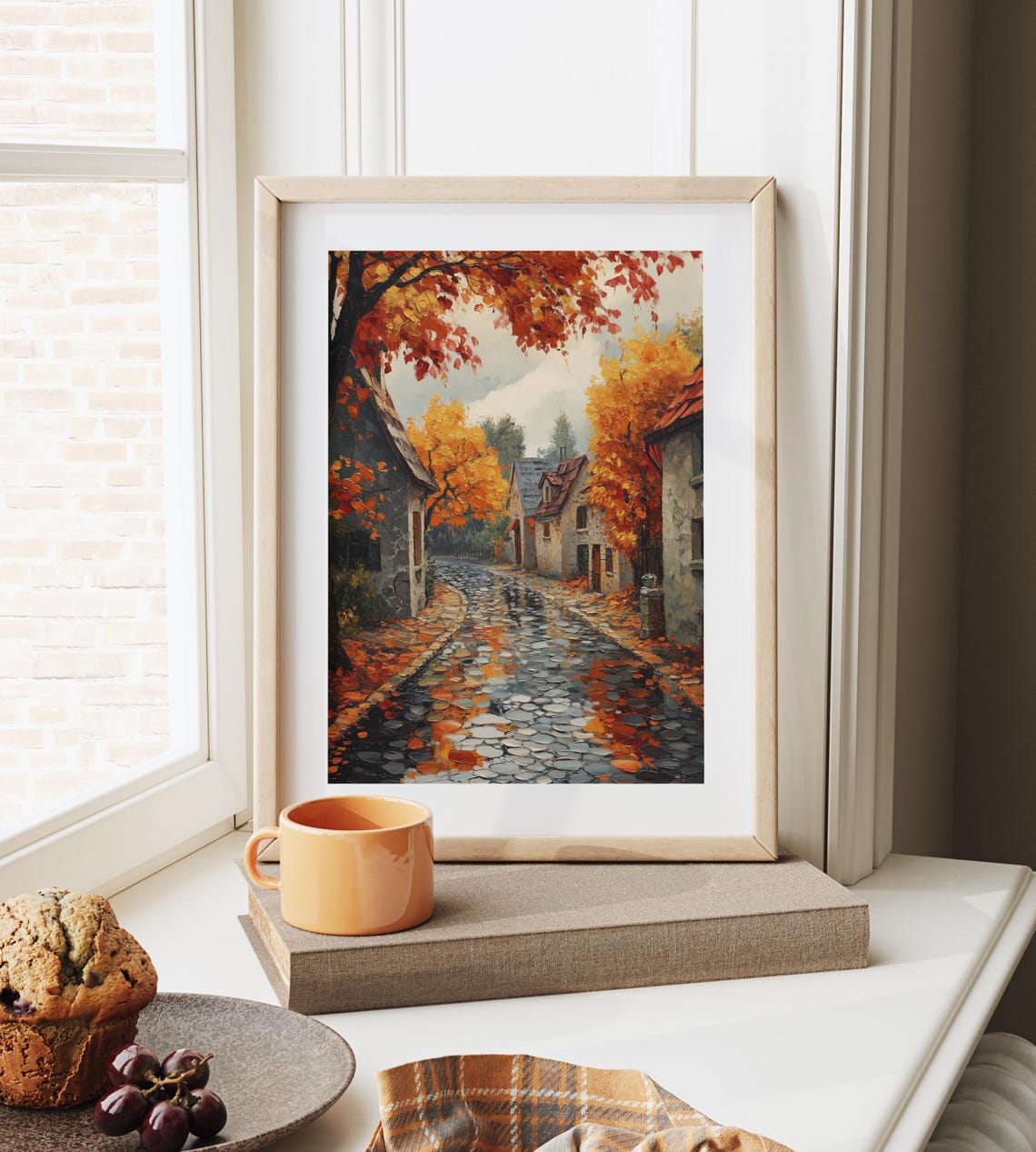 Autumn Cobblestone Street Rain Wet Village Scene Fall Decor Art Poster - Image 6