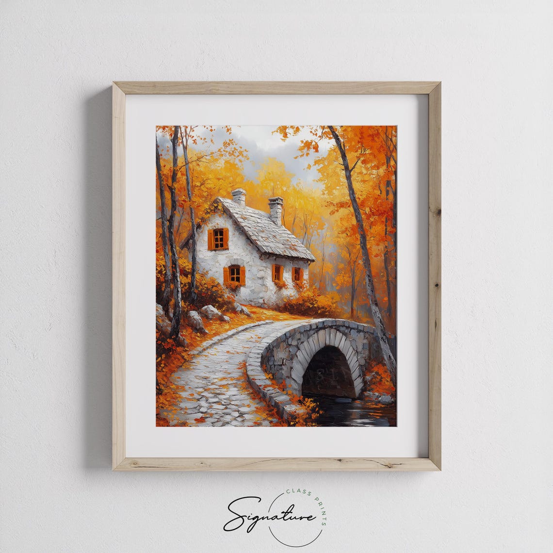 Autumn Stone Cottage Arched Bridge Forest Orange Shutters Poster - Image 3