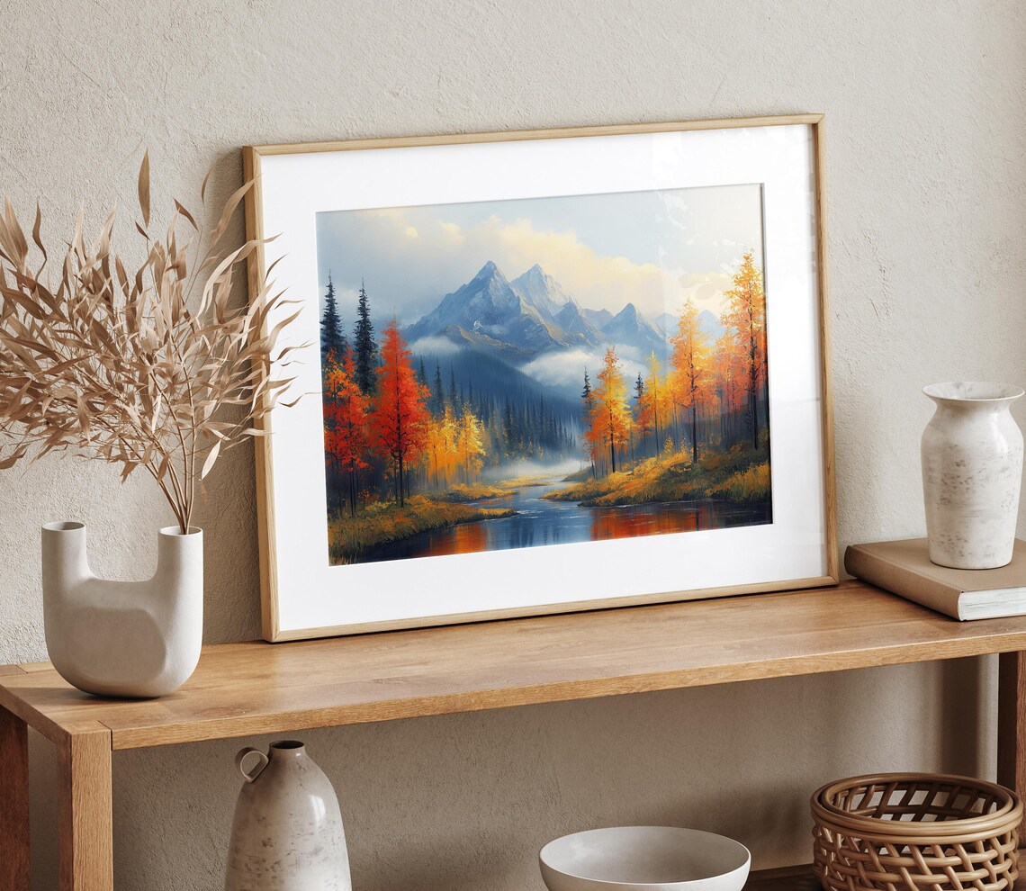 Autumn Mountain River Fall Foliage Reflection Scenic Landscape Wall Art - Image 4