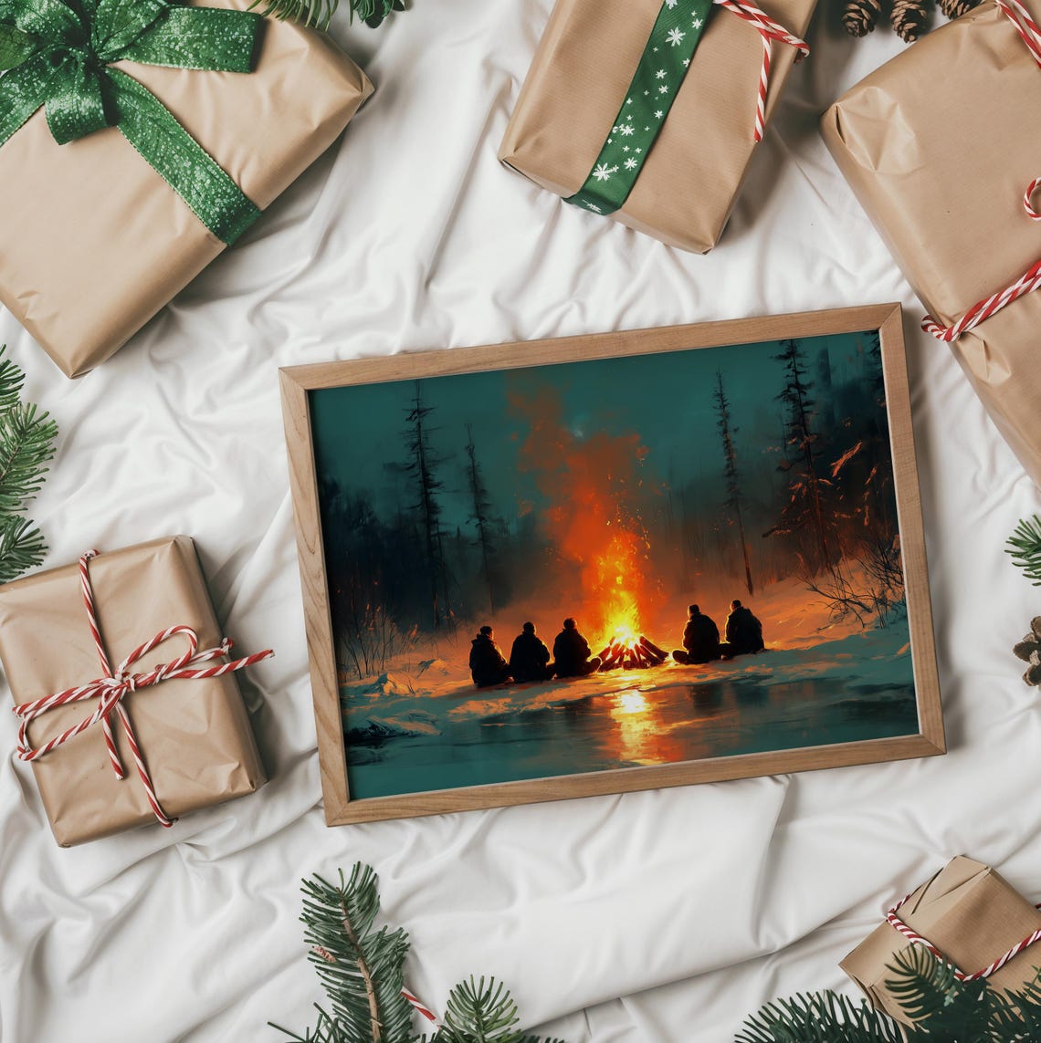 Friends Around Campfire At Night In Snowy Woods Winter Poster - Image 2