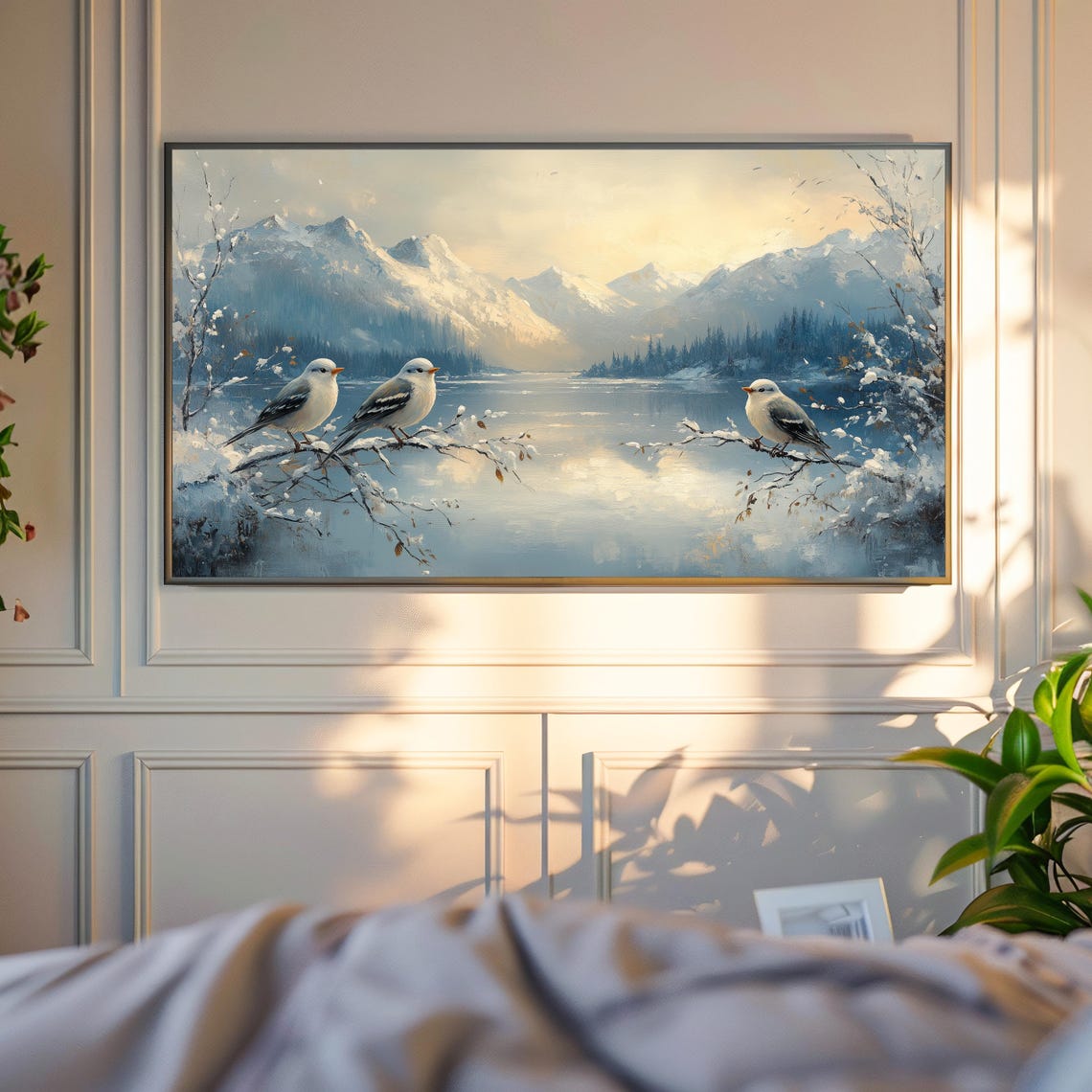 Snow Finches On Snowy Branches Above Winter Lake Mountains Poster - Image 4