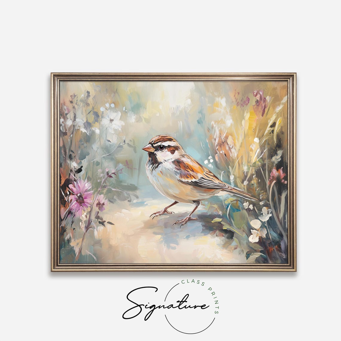 Curious Sparrow On Meadow Path Surrounded By Wildflowers Wall Art - Image 4