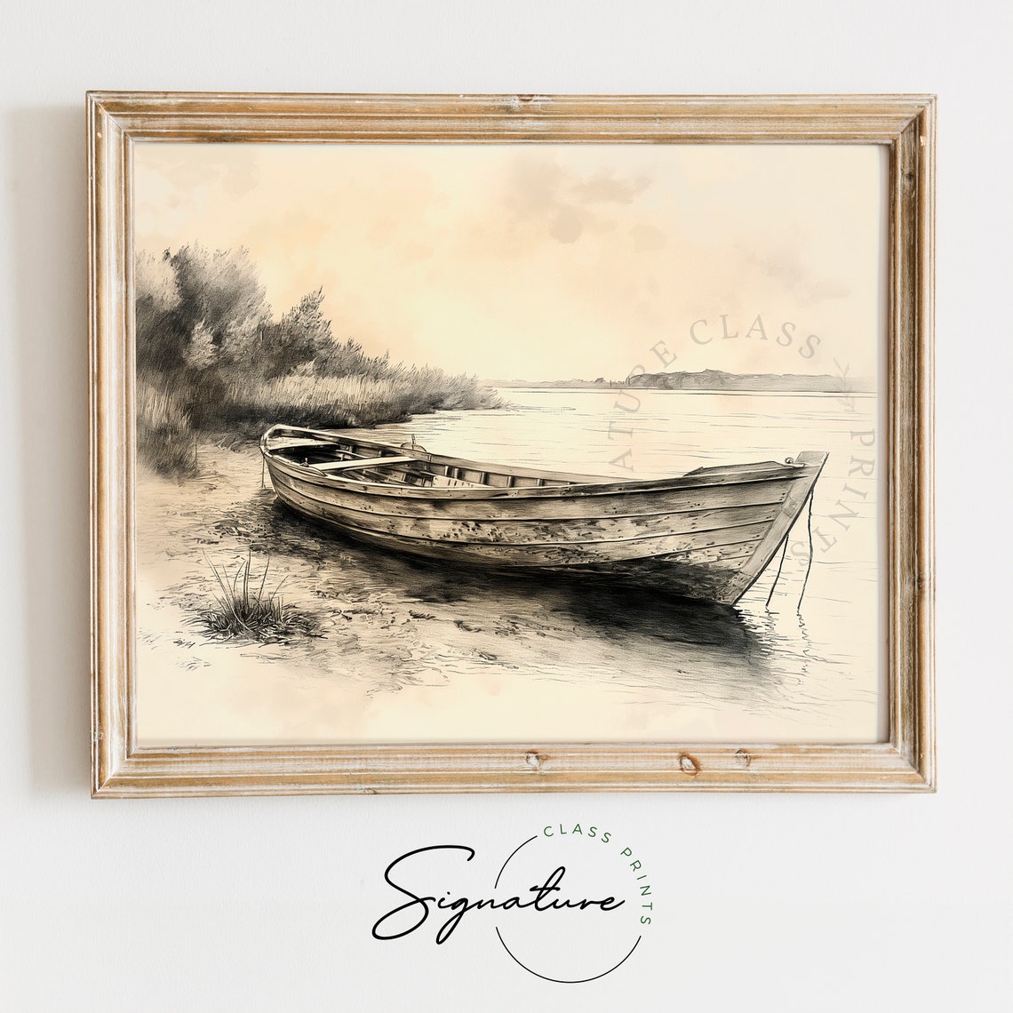 Vintage Rowboat Resting On Riverbank Rustic Nautical Sketch Poster