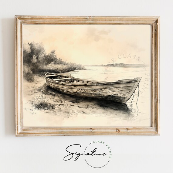 Vintage Rowboat Resting On Riverbank Rustic Nautical Sketch Poster