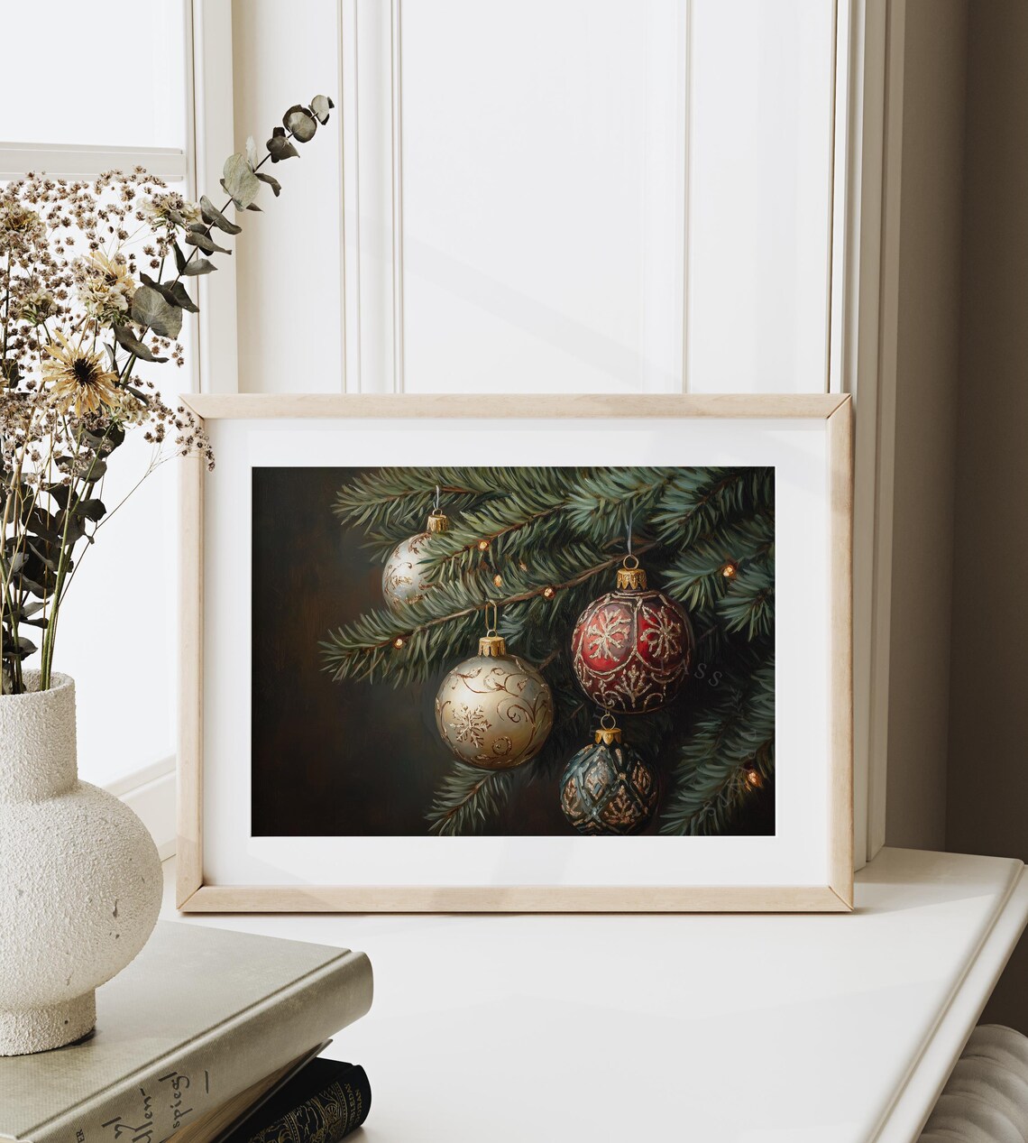 Four Ornate Vintage Christmas Ornaments On A Dark Fir Branch Poster - Image 6