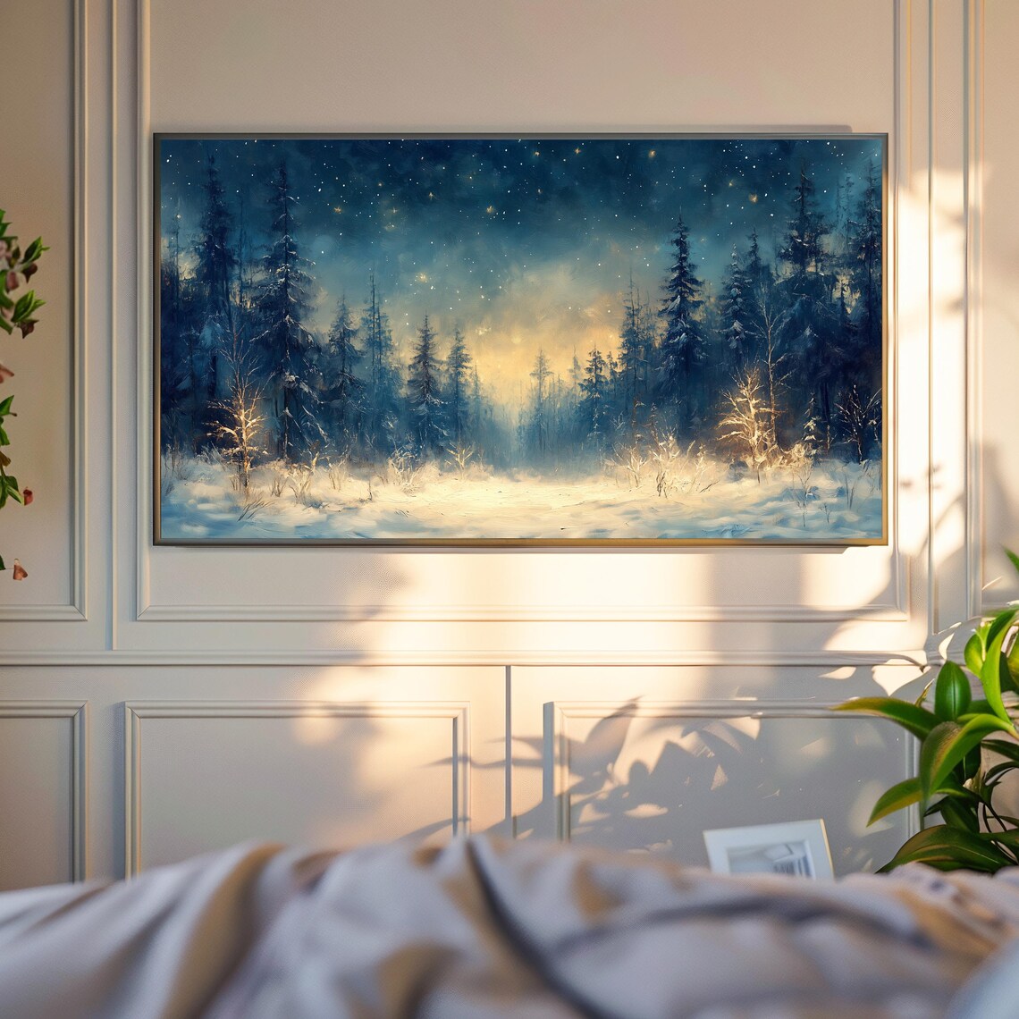 Starry Night In Snowy Pine Forest Clearing With Golden Glow Winter Art Poster - Image 4