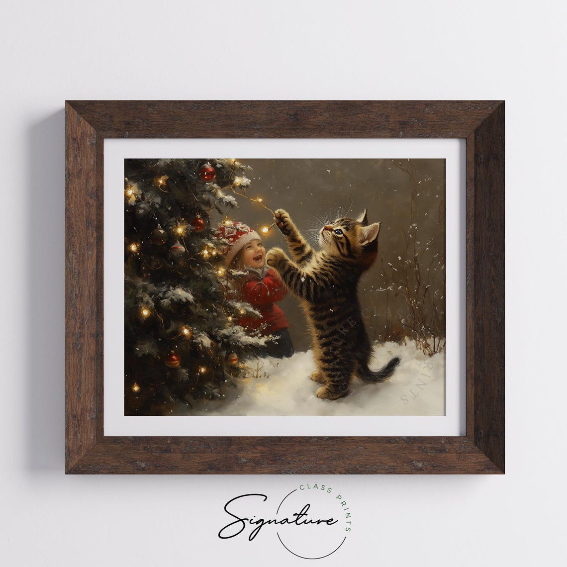 Tabby Kitten Pawing at Christmas Lights with Laughing Child Poster - Image 5