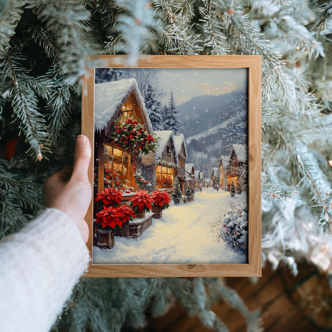 Snowy Village Flower Shop with Poinsettias Christmas Street Poster - Image 6