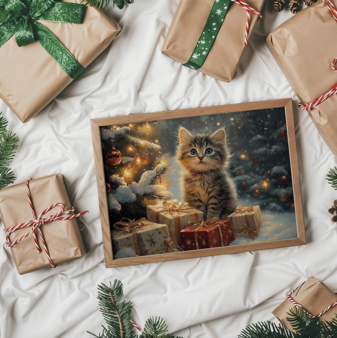 Adorable Kitten With Christmas Gifts Under A Snowy Tree Poster - Image 2