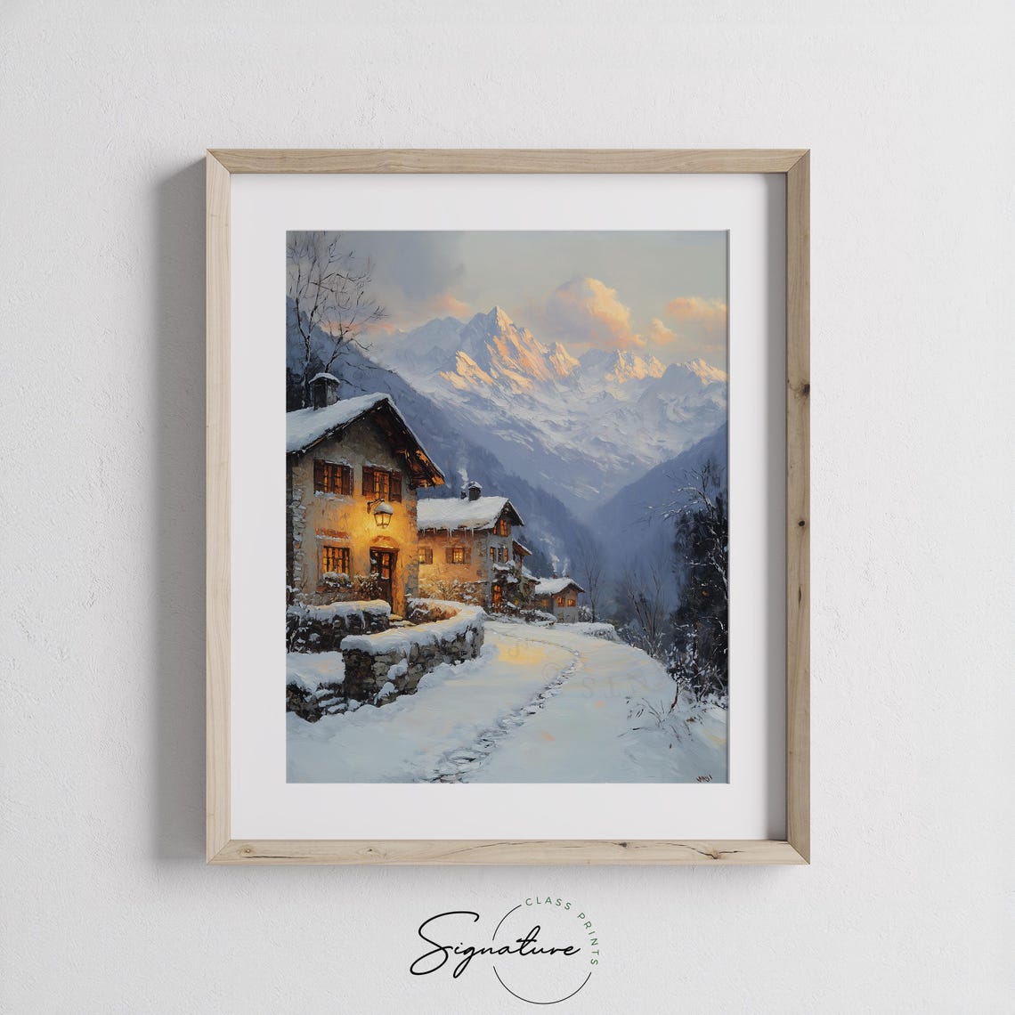 Alpine Village with Snowy Mountain Peak at Golden Sunset Poster - Image 2