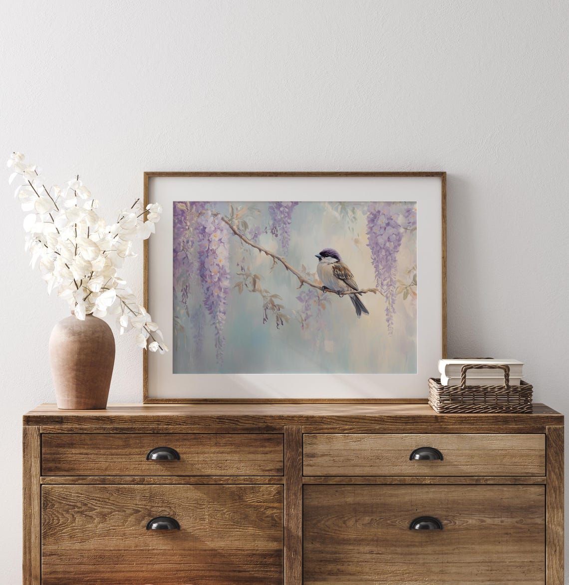 Sparrow On Branch With Hanging Wisteria Blossom Clusters Poster - Image 2