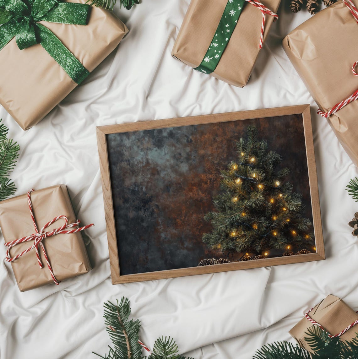 Rustic Mini Evergreen Tree with Lights and Pinecones on Wood Poster - Image 2