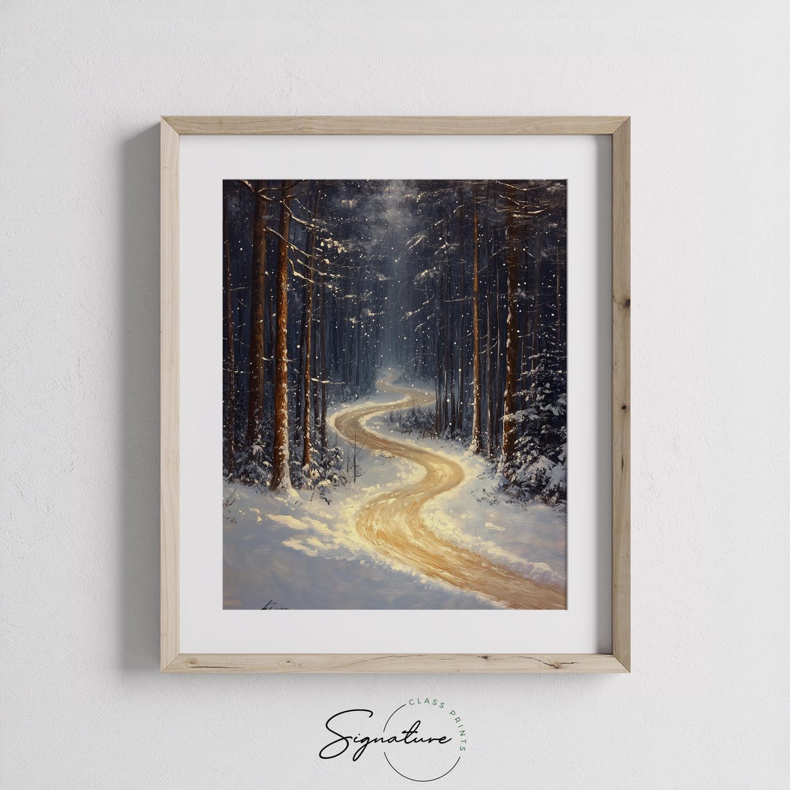 Moonlit Winding Trail Through Snow Laden Pine Forest Night Poster - Image 2