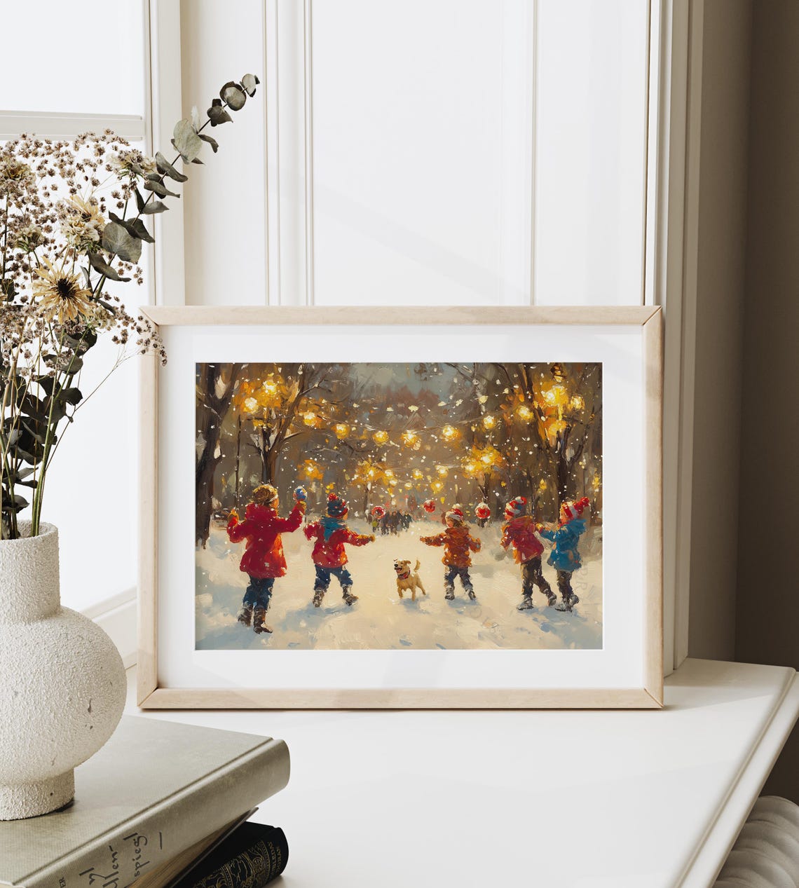 Children and Dog Playing in Snow Under Warm String Lights Poster - Image 6