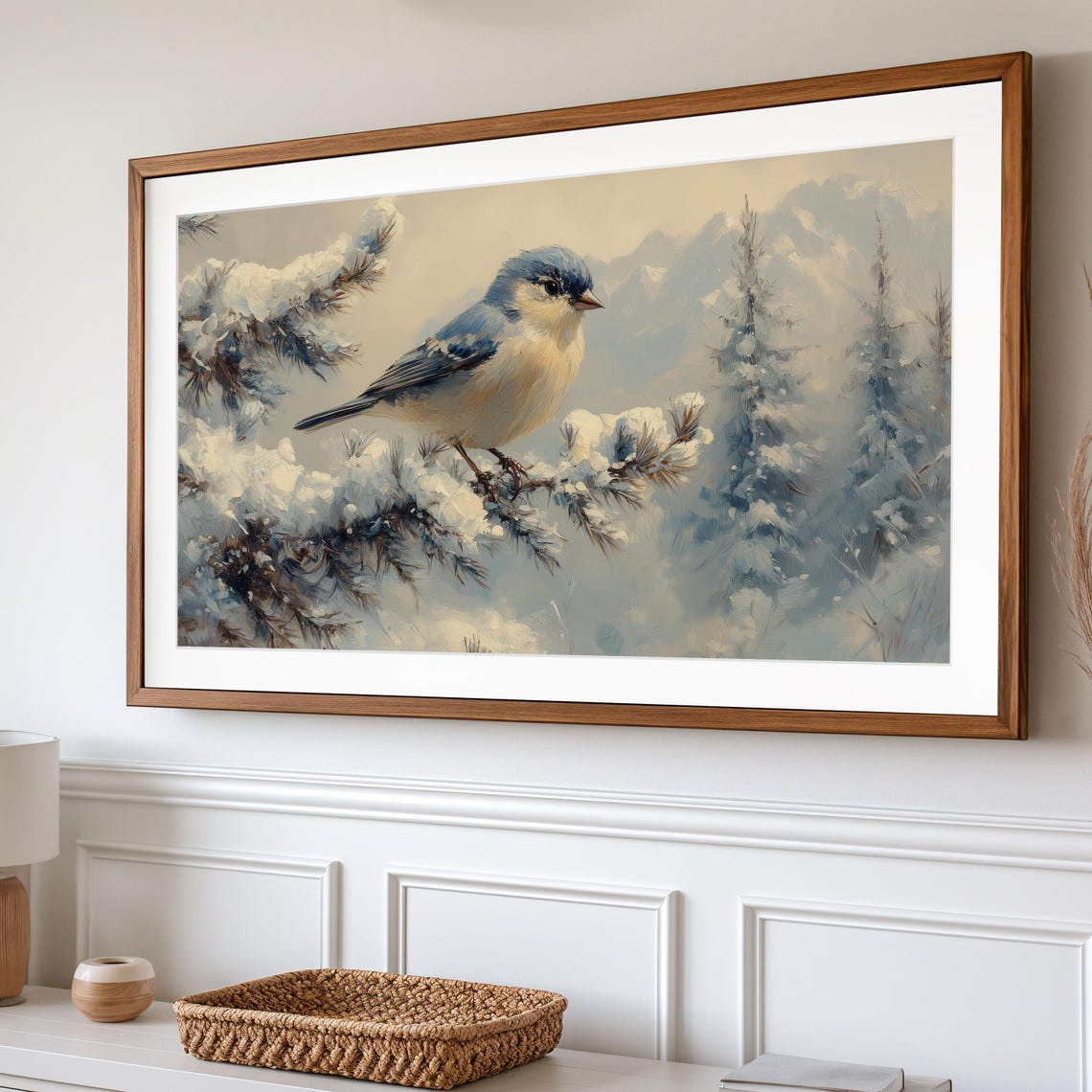 Bluebird On Snowy Pine Branch Winter Forest Mountains Poster - Image 2
