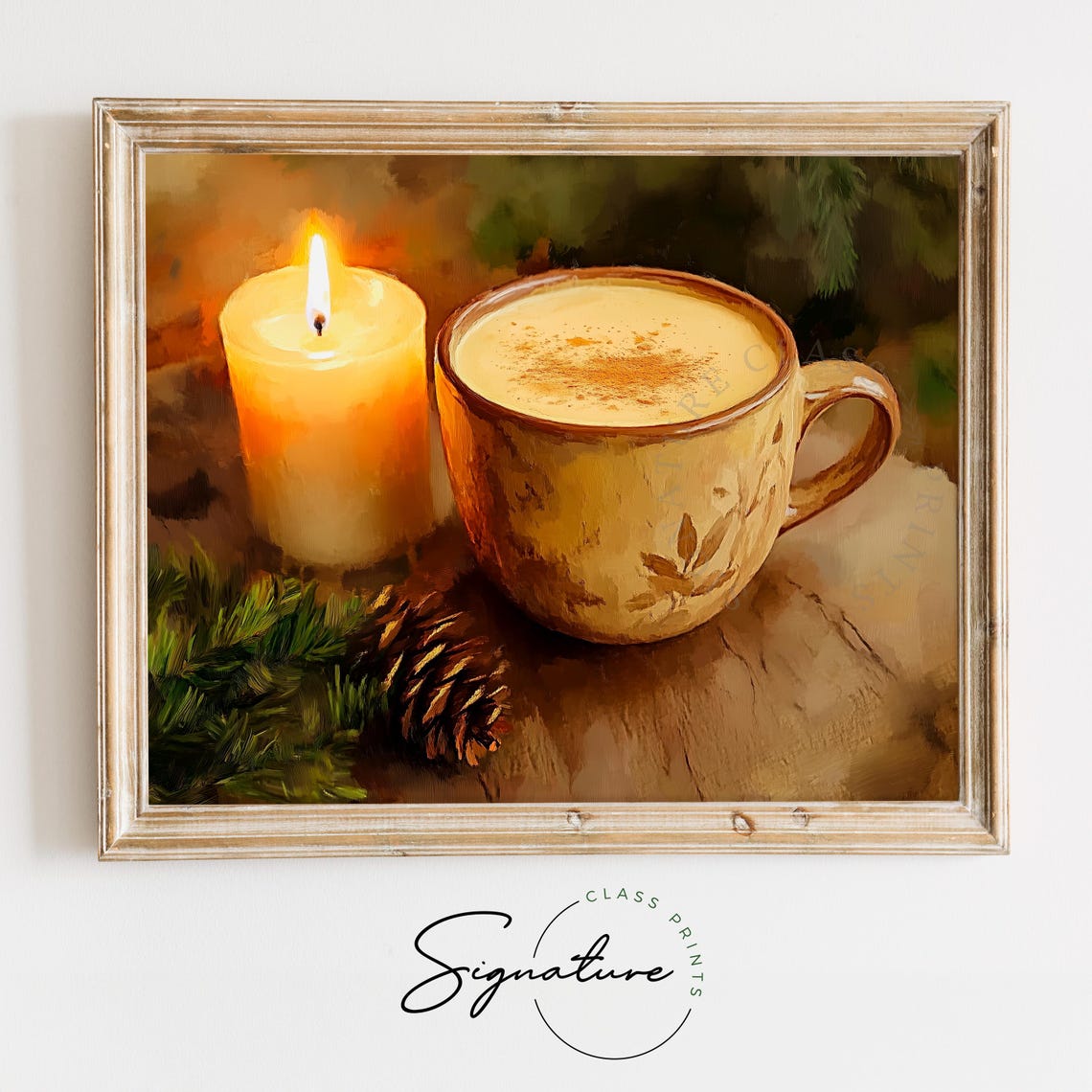 Creamy Eggnog Latte With Lit Candle And Pinecone Holiday Poster
