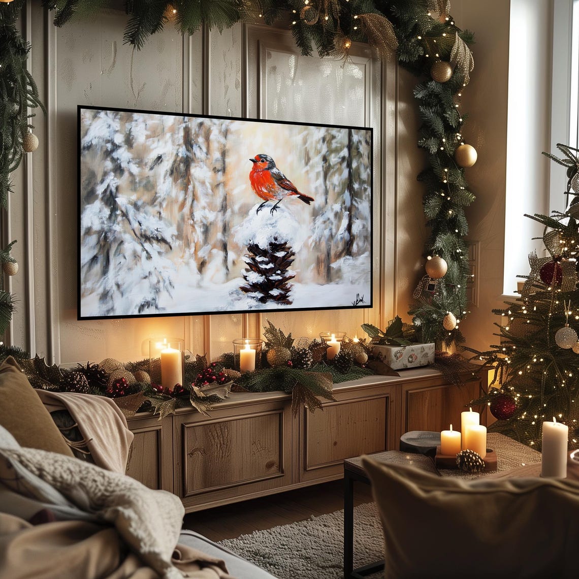 European Robin on Snowy Pinecone Golden Winter Forest Poster - Image 3