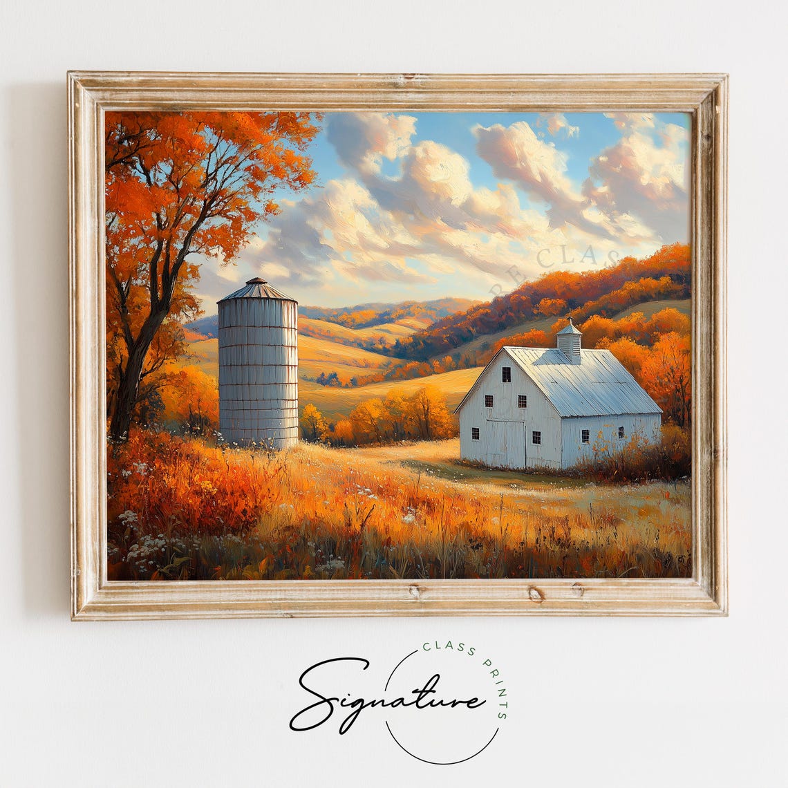 White Barn Silo Autumn Rolling Hills Fall Farmhouse Landscape Wall Art