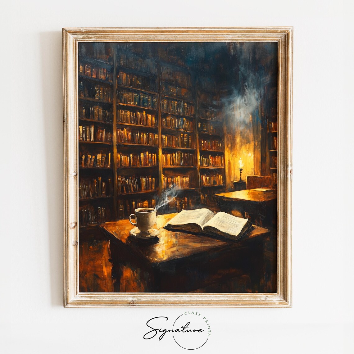 Vintage Library With Open Books, Dark Academia Print