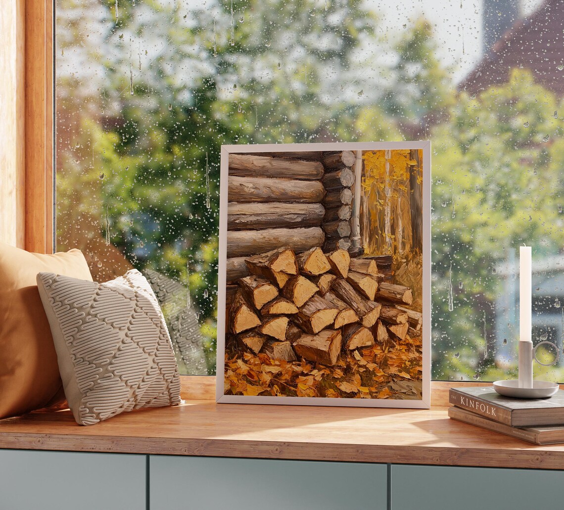Chopped Firewood Stacked Beside Log Cabin In Golden Fall Poster - Image 2