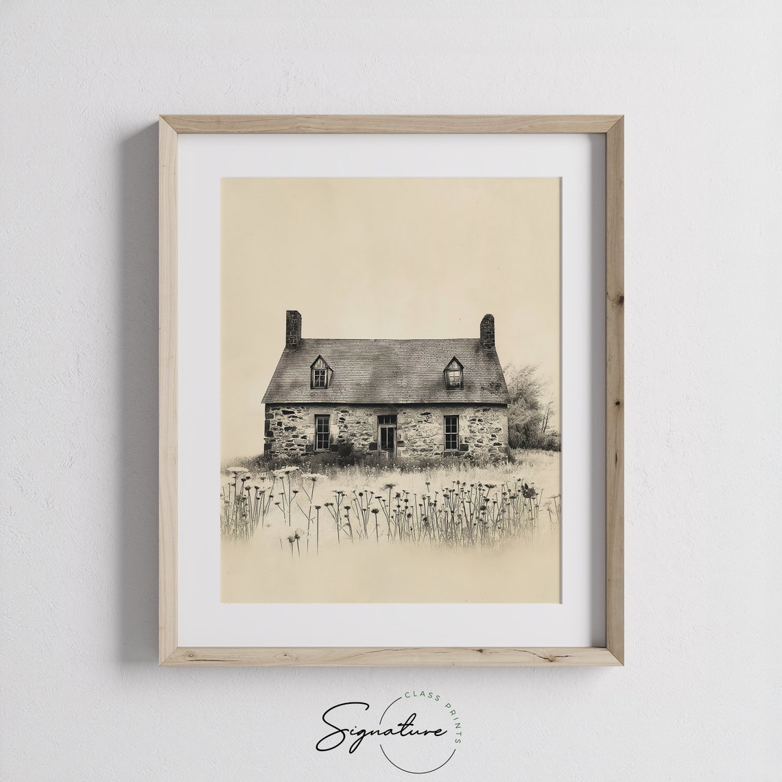 Old Stone Cottage In Wildflower Field Rustic Farmhouse Sketch Poster - Image 3