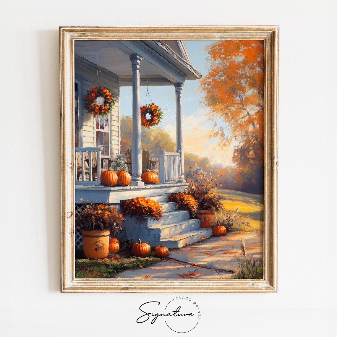 Farmhouse Porch With Pumpkins Hanging Wreaths Autumn Glow Poster