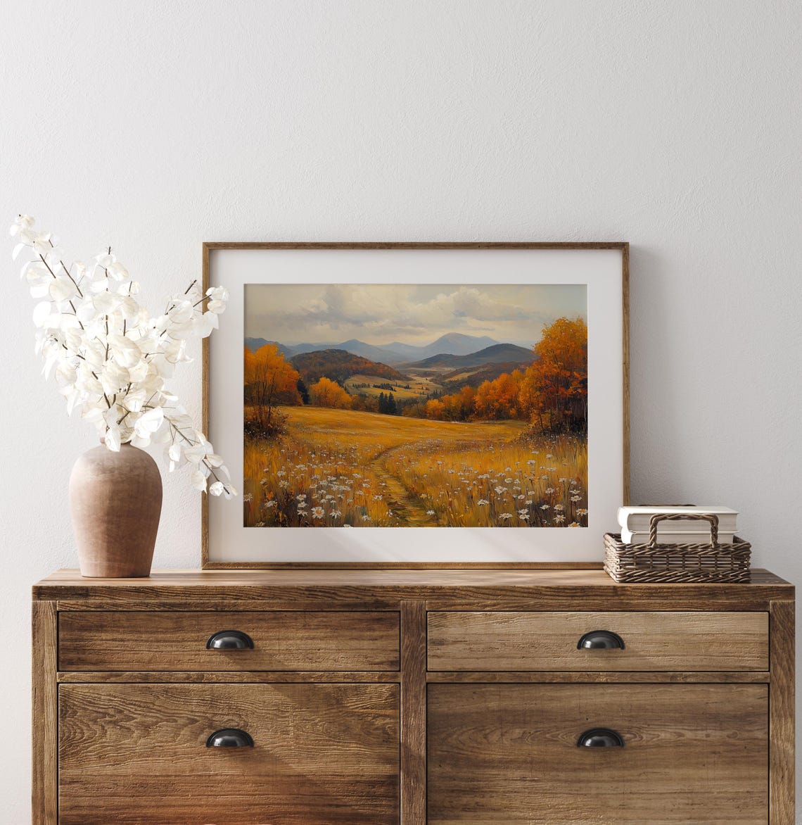 Golden Autumn Meadow With Wildflowers Path To Distant Hills Poster - Image 3