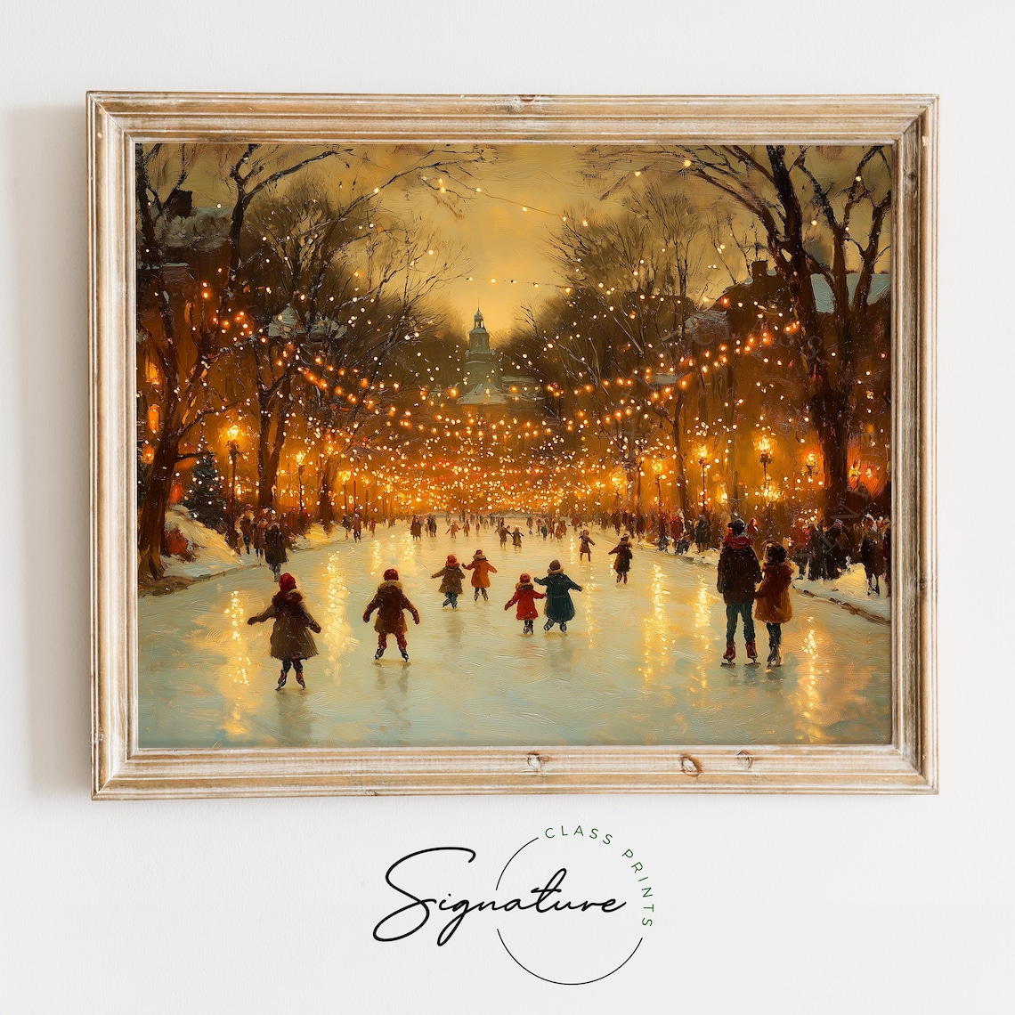 Ice Skaters Under String Lights on Night Rink Winter Holiday Art Poster