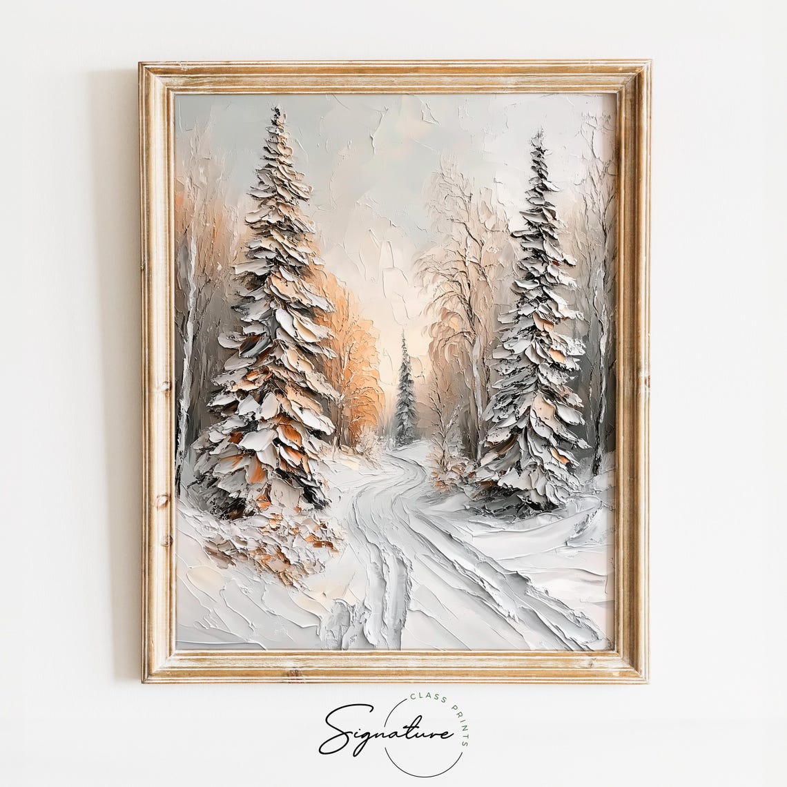 Thick Impasto Snowy Spruce Forest Path Textured Winter Poster
