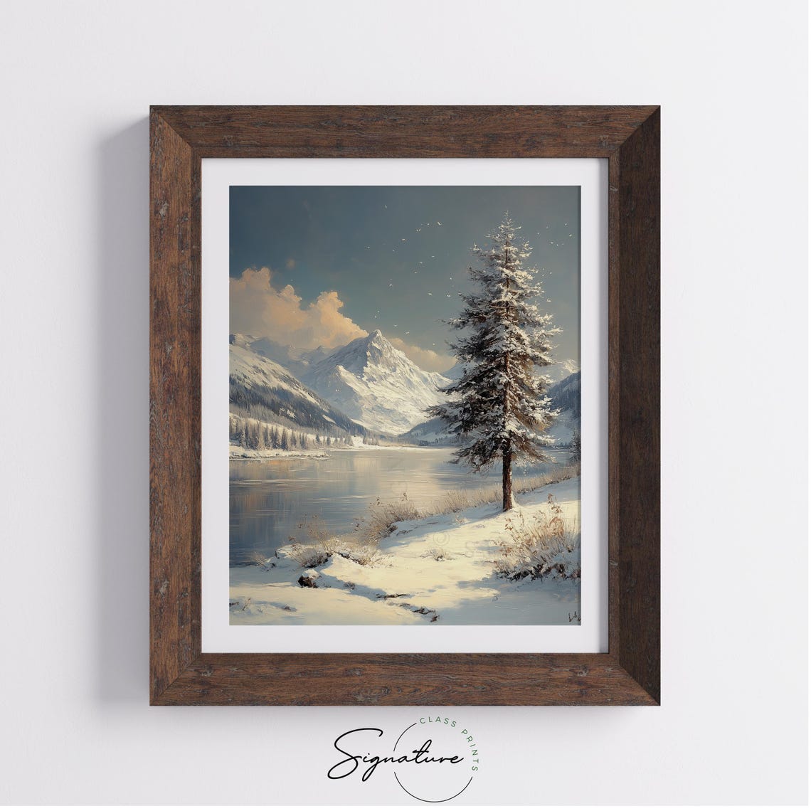 Snowy Mountain Lake With Lone Pine Tree And Peaks Winter Wall Art - Image 3