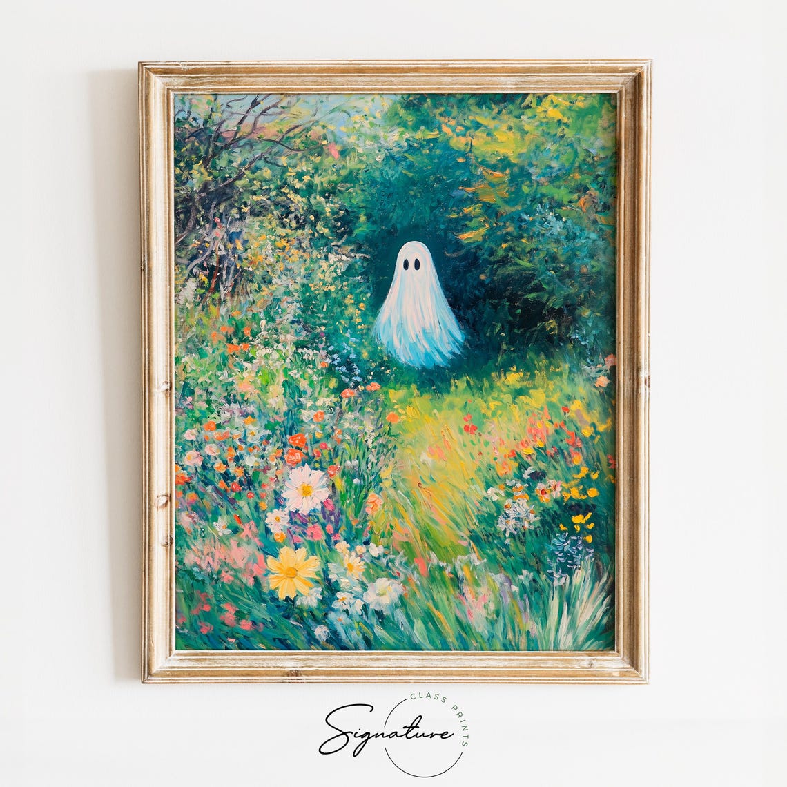 Friendly Ghost in a Lush Secret Garden of Wildflowers Art Poster