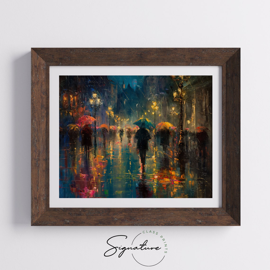 Rainy City Square At Night With Umbrellas Impressionist Poster - Image 5