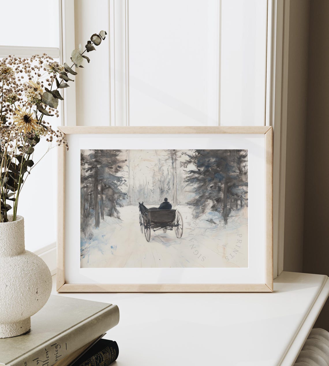 Horse Drawn Wagon In Snowy Woods Soft Watercolor Winter Scene Poster - Image 6