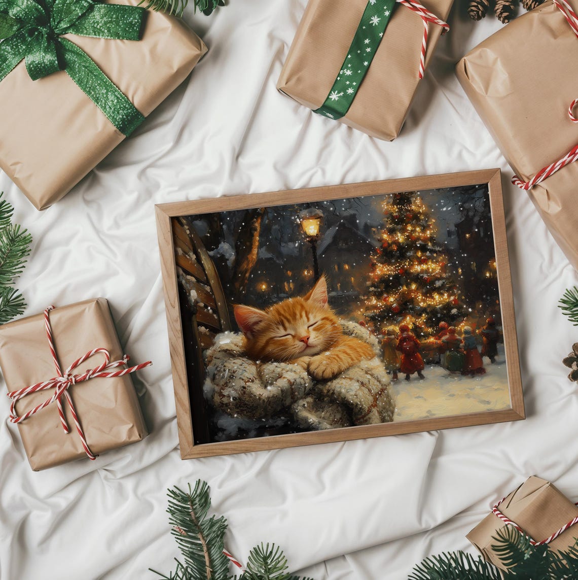 Sleeping Ginger Kitten on Snowy Blanket by Lit Christmas Tree Poster - Image 2
