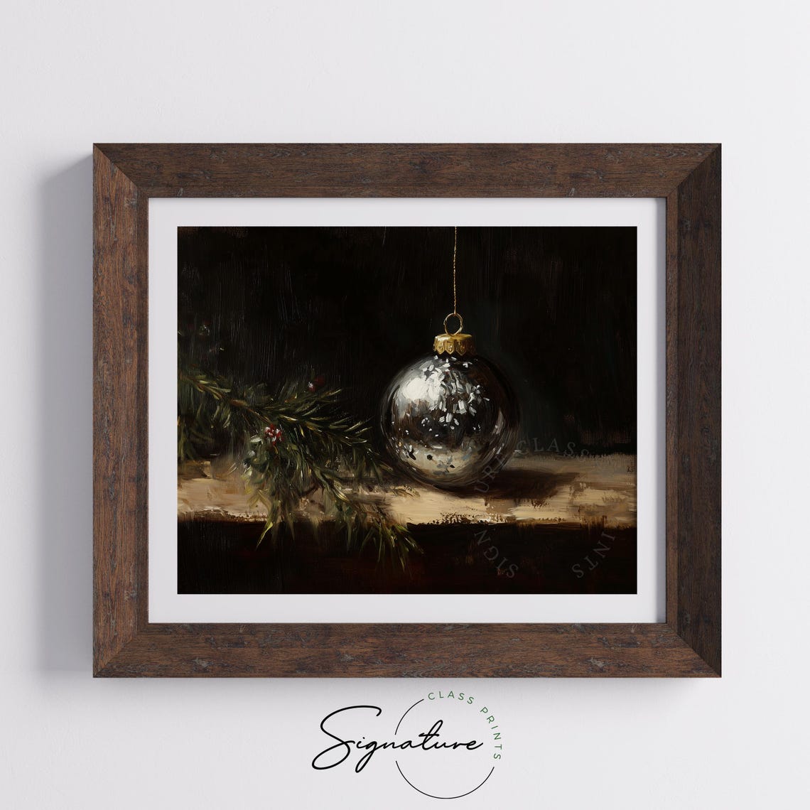 Silver Christmas Ornament Hanging With Pine Sprig Still Life Poster - Image 5