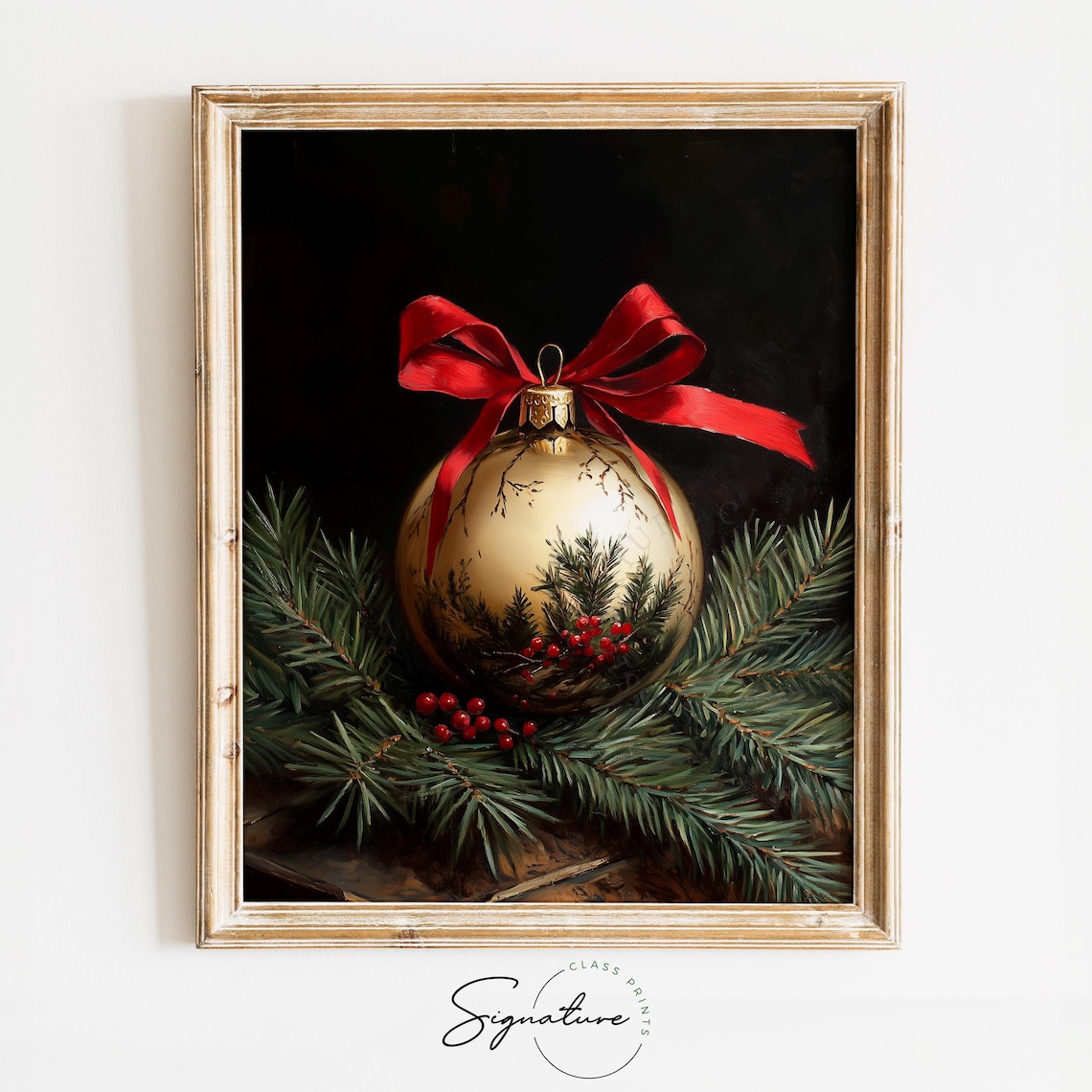 Gold Ornament With Red Bow Painted Pine And Berries Holiday Poster