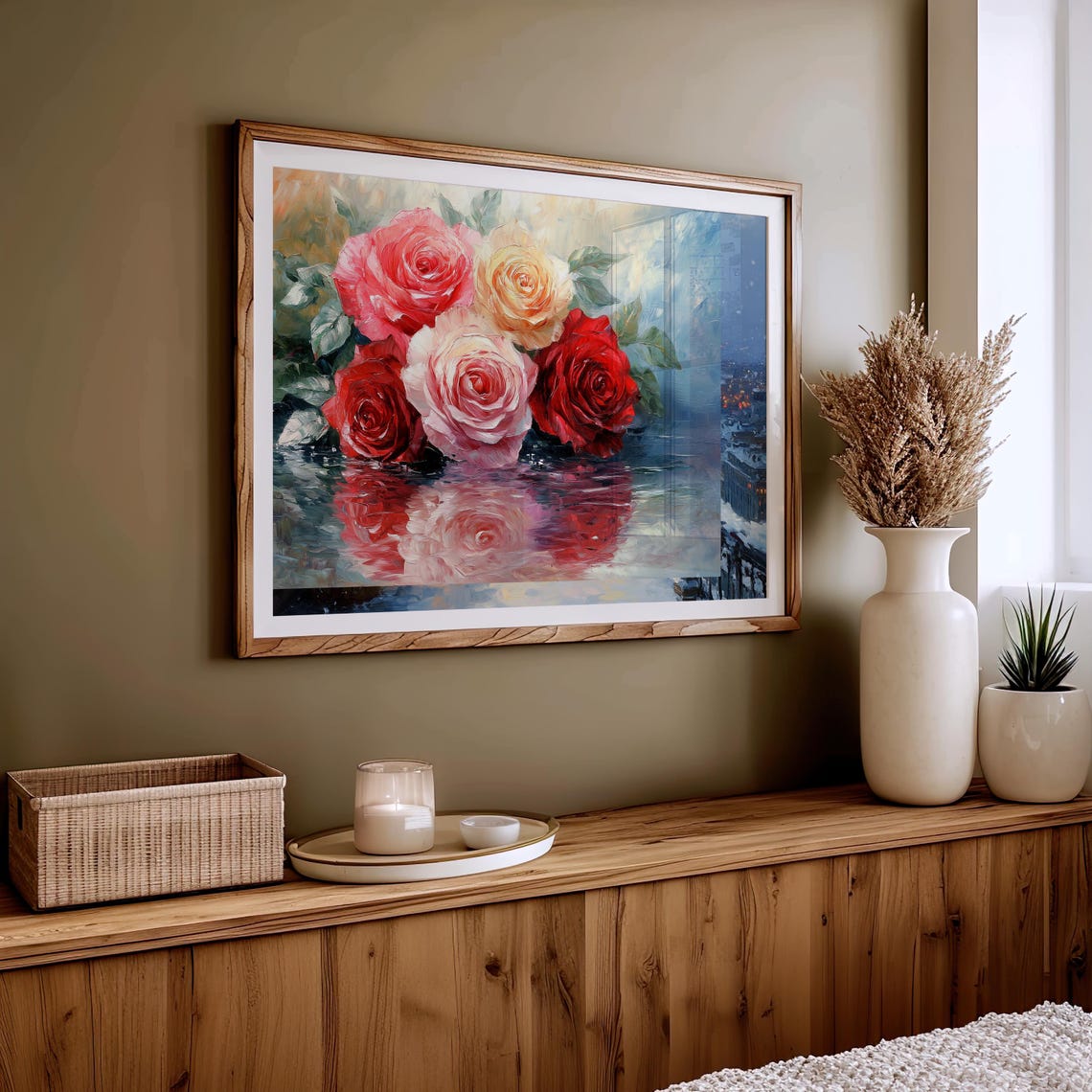Red Pink Roses Reflection Painting Romantic Floral Wall Art Poster - Image 4