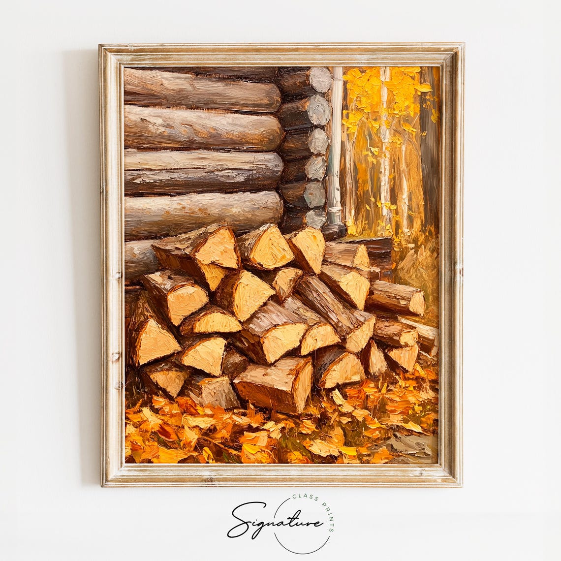 Chopped Firewood Stacked Beside Log Cabin In Golden Fall Poster