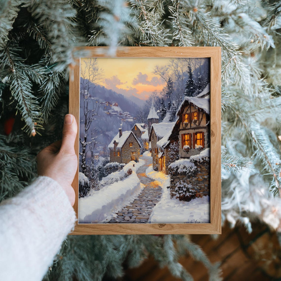 Alpine Winter Village at Dusk Snowy Cobblestone Street Poster - Image 6