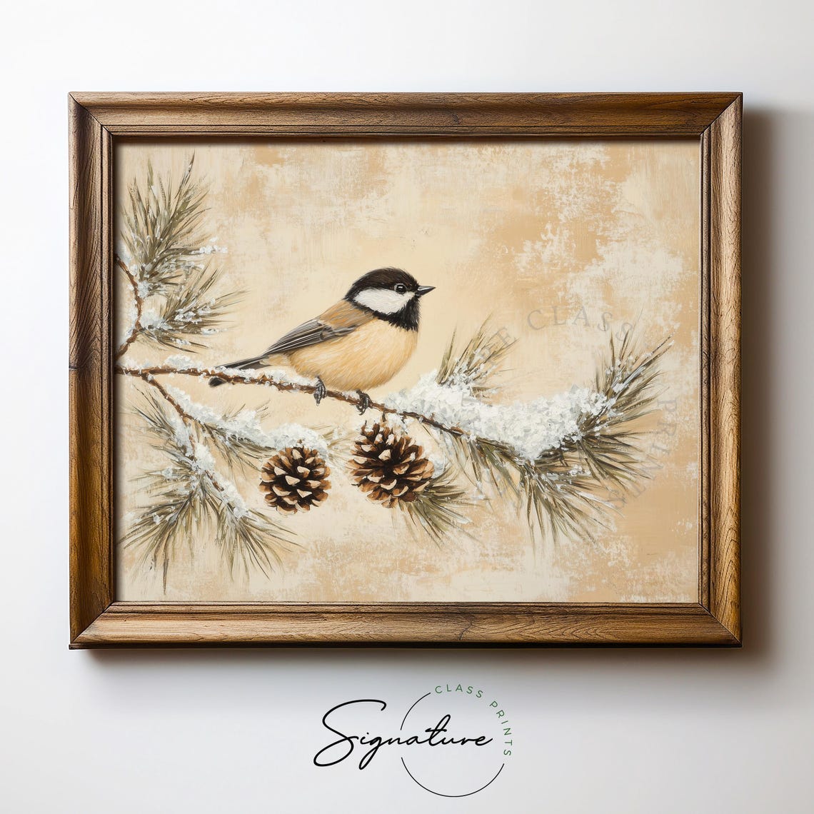 Carolina Chickadee on Snowy Pine Branch With Cones Bird Poster - Image 5