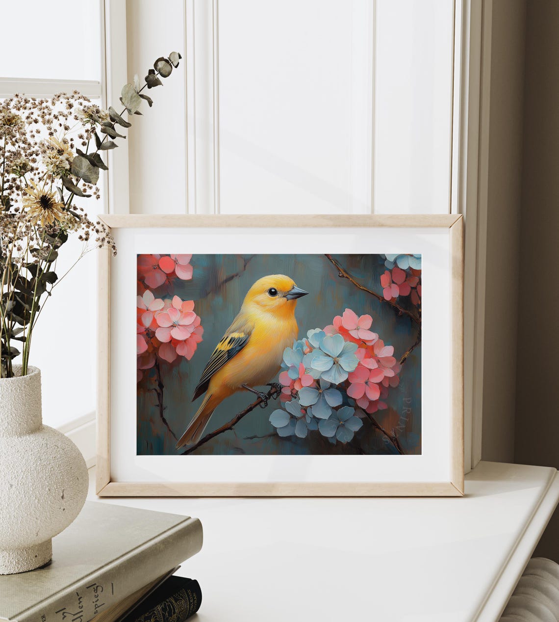 Goldfinch Perched On Hydrangeas Teal Vintage Bird Frame Art Print - Image 4