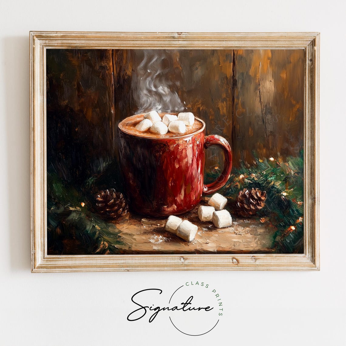 Red Enamel Mug Of Hot Cocoa With Marshmallows And Pinecones Poster