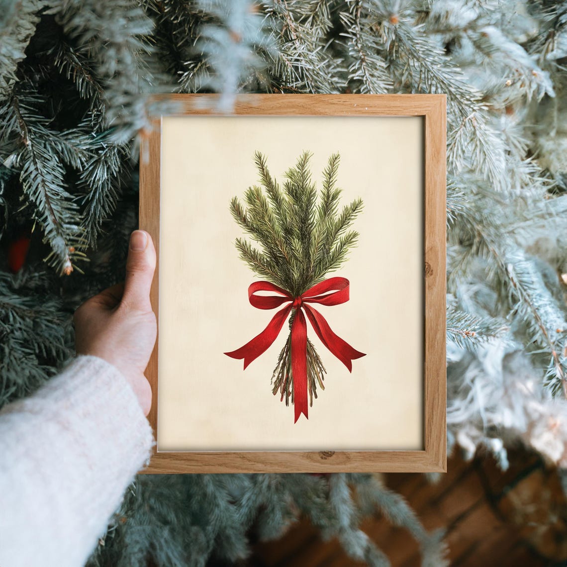 Pine Sprigs Red Bow Minimalist Christmas Greenery Botanical Art Poster - Image 6