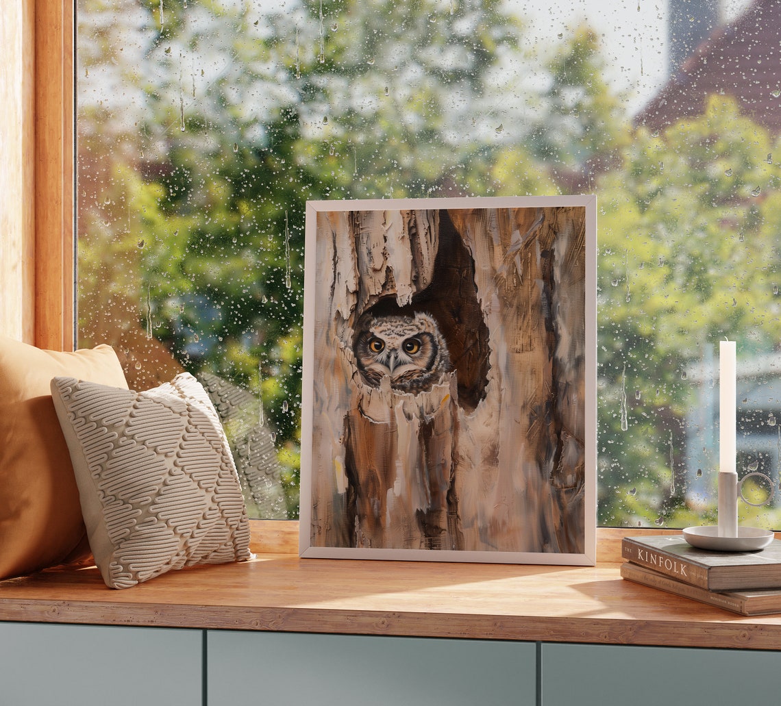 Curious Owl Peeking From Tree Hollow Woodland Bird Painting Poster - Image 2
